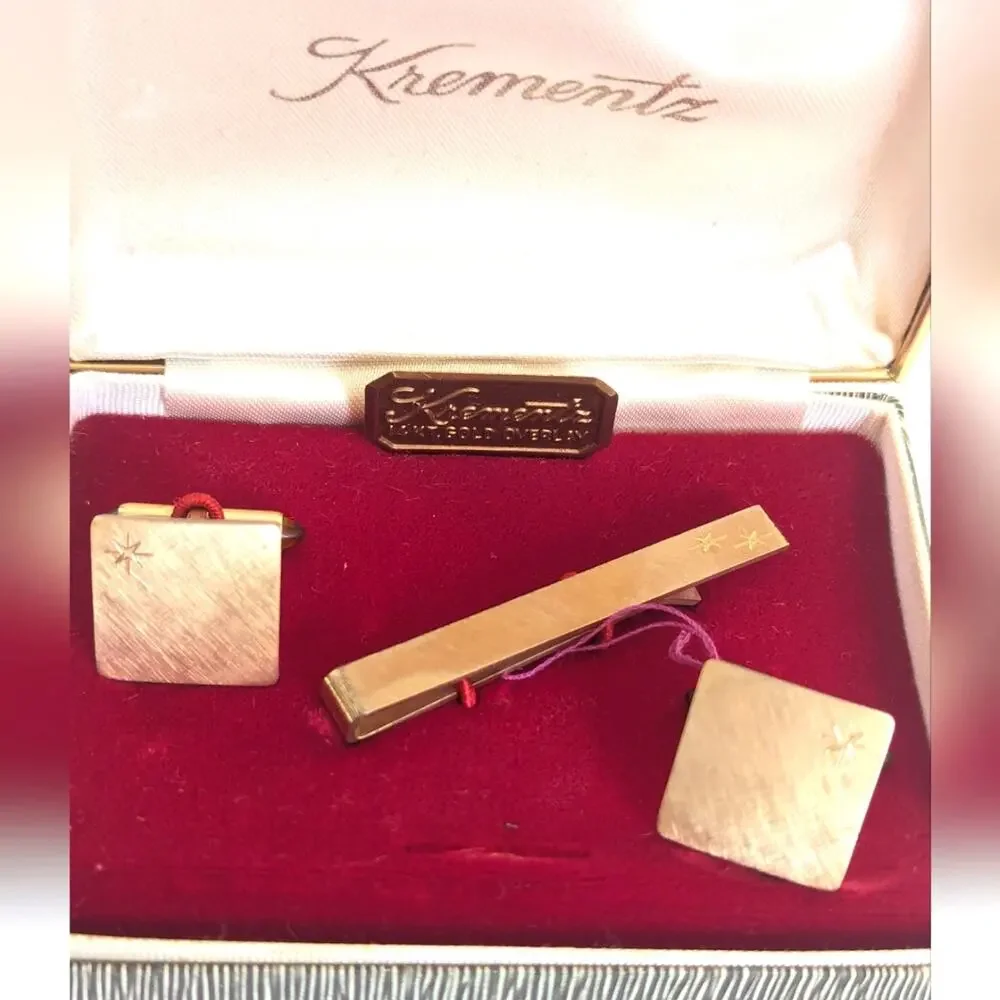 Vintage Estate Krementz Brushed 14k Gold Overlay Plated Tie Clasp Cufflinks Set